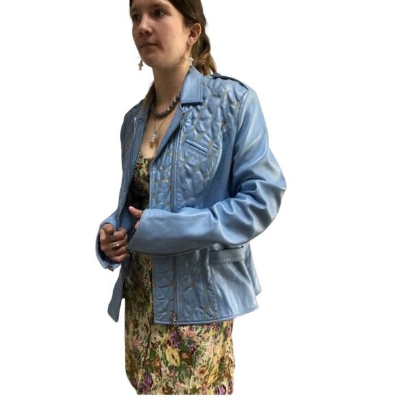 90s Kaptain Celebrity Design Blue Bubble Leather Moto Jacket Quilted - Picture 2 of 7
